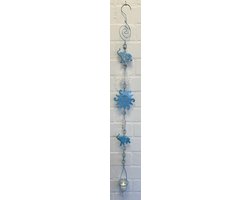 Deco theelichthouder "olifantjes + zon" met metalen ketting - blauwe ketting + glazen bloemen - lengte 110 cm - exclusief theelicht - Woondecoratie - Theelichthouder - Woonaccessoires