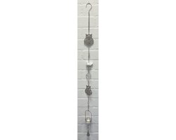 Deco theelichthouder "uil + keramieke vogel" met metalen ketting - rusty grijze ketting & glazen stenen - lengte 120 cm - exclusief theelicht - Woondecoratie - Theelichthouder - Woonaccessoires