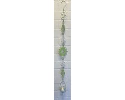Deco theelichthouder "uilen + open zon" met metalen ketting - rusty licht groene ketting + glazen bloemen - lengte 105 cm - exclusief theelicht - Woondecoratie - Theelichthouder - Woonaccessoires