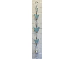 Deco theelichthouder "vlinders klein + groot" met metalen ketting - aqua kleurige ketting + glazen bloemen - lengte 100 cm - exclusief theelicht - Woondecoratie - Theelichthouder - Woonaccessoires