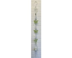 Deco theelichthouder "vlinders" met metalen ketting - licht groene ketting + glazen bloemen - lengte 110 cm - exclusief theelicht - Woondecoratie - Theelichthouder - Woonaccessoires