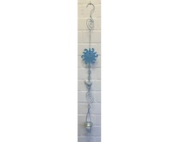 Deco theelichthouder "zon + vogel" met metalen ketting - blauw + white wash ketting & keramieke vogel + glazen ballen - lengte 100 cm - exclusief theelicht - Woondecoratie - Theelichthouder - Woonaccessoires