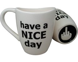 Decodyne Have A Nice Day Mok - Grappige Beker Met Middelvinger Op De Bodem 400 Ml - Wit