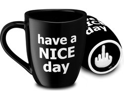 Decodyne Have A Nice Day Mok - Grappige Beker Met Middelvinger Op De Bodem 400 Ml - Zwart