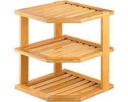 Decopatent - 3 Laags Hoek Keuken Opbergrek - Staand Rek met 3 etages voor Keuken - Corner Keukenrek - Hoekrek - Bamboe Hout - Afm 25 x 25 x 25 Cm.