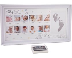 Decopatent - Kinderfotolijst voor Voet en Hand Afdruk 1 tm 12 Maanden - Kinder Baby Fotolijst Eerste Jaar - My First Year Babyshower - Kraam Cadeau - Inclusief Inkt Stempel - 38 x 20 Cm - Wit