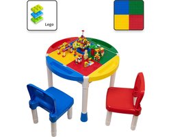 Decopatent® - Kindertafel met 2 Stoeltjes - Speeltafel met bouwplaat en vlakke kant - 4 Bakjes - Geschikt voor Lego® Bouwstenen