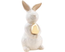 Decoratie beeld paashaas / konijn - gouden ei - wit - porselein - 16 cm - paasdecoratie