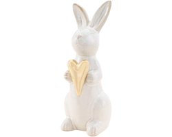 Decoratie beeld paashaas / konijn - gouden hart - wit - porselein - 15 cm - paasdecoratie