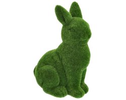 Decoratie beeld paashaas / konijn - zittend - groen - kunst mos - 25 cm - paasdecoratie