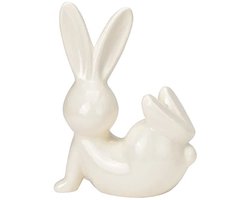 Decoratie beeld paashaas - zittend - wit - 18 cm - haas / konijn - paasdecoratie
