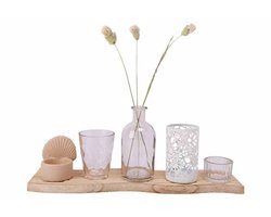 Decoratie giftset op houten tray - 5 Delig - Roze met droogbloemen en windlicht - Perfect voor huis en feestelijkheden