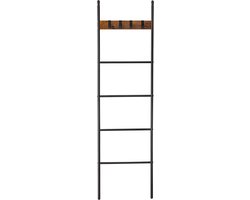 Decoratie ladder - Handdoekladder - Ladderrek - Wandrek - Industrieel - Met 4 haken - 44 x 160 cm - Bruin - Zwart