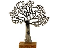 Decoratie levensboom - Tree of Life - aluminium/hout - 23 x 26 cm - zilver kleurig - Home deco