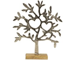 Decoratie levensboom - Tree of Life - aluminium/hout - 23 x 26 cm - zilver kleurig - Home deco
