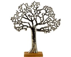 Decoratie levensboom - Tree of Life - aluminium/hout - 31 x 34 cm - zilver kleurig - Home deco