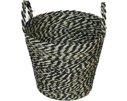 Decoratie mand gras riet - ⌀ 33 cm - rond met hengsels - zwart crème