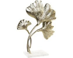 DECORATIE | ORNAMENT OP VOET | DECORATIE WOONKAMER | DECORATIEVE ACCESSOIRES | SCULPTUUR | ALUMINIUM MARMER | GOUD WIT | GINKO BILOBA BLAD | 30x10x44CM.