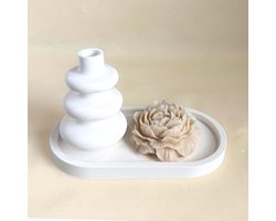 Decoratie set-Ovale Tray Set met Modern Vaas & Pioen Kaars - Geschenkset voor Vrouwen – Ovaal Plateau / Dienblad met Modern Mini Vaas & Pioen Kaars- Wit &Savannah beige