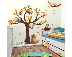 Decoratie stickers Muur & Wand voor slaapkamer, kinderkamer en babykamer, Muursticker Apen in boom met uilen