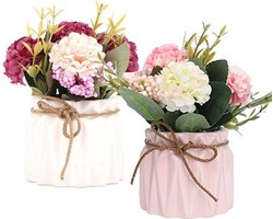 Decoratie Versiering Kunstbloemen in pot - Hortensia Zijden Bloemen Boeketten - Keramische Vaas - Thuis Party Kantoor Bruiloft Tafeldecoratie
