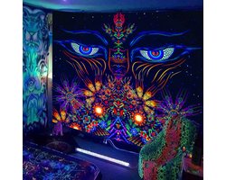 Decoratie Versiering - Ulticool - Ogen Bloemen Meditatie - Glow in the Dark Tapestry Decoratie Magic - Psychedelisch - Blacklight Party Wandkleed - 200x150 cm - Backdrop UV Lamp - Groot wandtapijt - Poster - Neon Fluor Verlichting