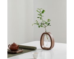 Decoratie Woonkamer Tafel - Glazen vaas voor het kweken van planten - met een notenhouten frame - moderne decoratieve - Hydroponie - Vase - Cadeau voor Vrouw-Cadeautje voor Haar-geschikt voor huisdecoratie, tafelsetting, kantoor en als plantencadeau