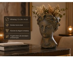 Decoratief Beeld Vrouwenhoofd met Bladeren – Donker Brons Look met Gouden Accenten – Klassieke Buste Vaas / Bloempot – Plantenhouder & Sierobject – Luxe Woondecoratie Ornament voor Dressoir, Kast of Vensterbank – 15x24x16 cm