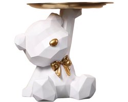 Decoratief Beeldje Beer met Dienblad - Witte Resin Decoratie - Geometrische Beeldjeshouder - Schattige Tafeldecoratie voor Woonkamer, Slaapkamer en Bureau