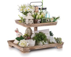 Decoratief dienblad dienblad groot: bruin houten dienblad rechthoekig hout met 2 niveaus boerderij decoratief dienblad vintage shabby dienbladen voor thuis koffiehoek doucheruimte