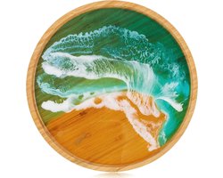 Decoratief dienblad Serveerschaal Rond: Kleine bamboe houten dienblad met oceaanzandpatroon, hars serveerschalen ter decoratie voor koffie en keuken.
