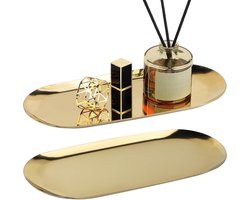 Decoratief Dienblad XL Goud Set van 2 - 30x12cm- RVS Kaarsenplateau- Sieraden Display Schaal- Kaarsenbord - Badkamerschaal - Organizer voor Wastafel -Tray voor Desserts of Sieraden- Metalen Schaal - Kaarsenonderzetter- Badkamer Accessoires