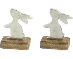Decoratief figuur - set van 2 hazen / konijnen op staander - konijn / haas