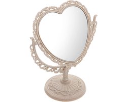 Decoratief Kawaii Hartvormige Make-up Spiegel - Vintage Wit Badkamer Dressoir Stand - Dubbelzijdig Draaibaar voor Slaapkamer en Reizen make up tafel