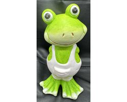 Decoratief keramieken beeld "kikker" - groen - hoogte 20x13x10 cm - keramiek - Woonaccessoires - Tuinaccessoires - Tuindecoraties