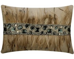 Decoratief Linnen Kussenhoes Beige 30x45 cm met Strass Steentjes en Kralen