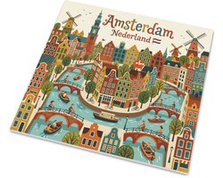 Decoratief mat tegeltje Amsterdam Nederland met grachten en trapgevels, retro Mid-Century gouache illustratie stadslandschap, Hollandse wanddecoratie souvenir voor reisliefhebber, 15x15 cm
