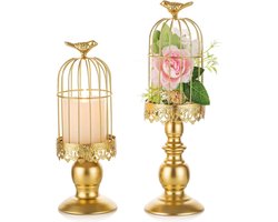 Decoratief Metalen Vogelkooi Ornament Goud Shabby Chic Kaarsenhouder - Feest Bruiloft Receptie Centerpieces - Tafels Slaapkamer Café - Set Van 2 - Pilaarkaarsen