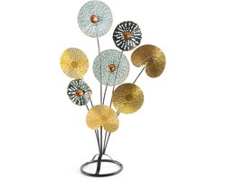 Decoratief object neerzetten 53 cm - bloem boom goud turquoise - cadeau verjaardag metaal raamdecoratie vensterbank
