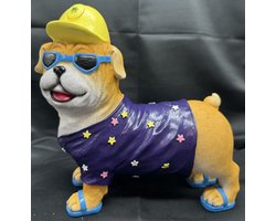 Decoratief polyresin beeld ''Tropische hond met paars T-Shirt en sterretjes "- meerkleurig - hoogte 20 x 25 x 4 cm - Woonaccessoires - Tuinaccessoires - Decoratieve beelden