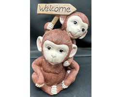 Decoratief polyresin dier "aapjes op elkaar met welcome" - meerkleurig - hoogte 15x11x6 cm - Woonaccessoires - Decoratieve beeldjes- Tuinaccessoires