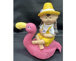 Decoratief polyresin dier "meisje op flamingo - meerkleurig + roze - hoogte 15x16x7 cm - Woonaccessoires - Decoratieve beeldjes