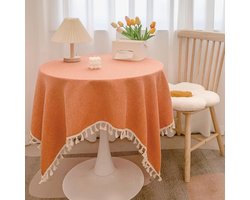 Decoratief tafelkleed van katoen en linnen Geschikt voor kwastjes Geschikt voor een ronde eettafel van 120 x 120 cm - oranje