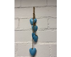 Decoratief touw met metalen harten - 6 blauwe harten - lengte 35x5x5cm - Woonaccessoires - Decoratieve hangers