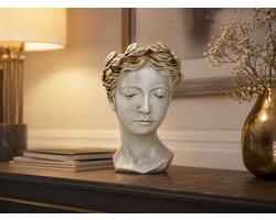 Decoratief Vrouwenhoofd Beeld met Bladeren – Antiek Zilver Bloempotbeeld 14 x 12 x 19 cm – Kleine Vaas / Plantenpot / Sierbeeld – Polyresin Woondecoratie voor Dressoir, Vensterbank, Salontafel, Sidetable, Kast & Klassiek Interieur