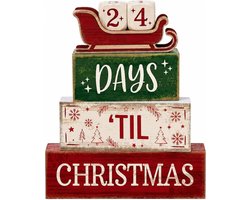 Decoraties voor binnen met kerstcountdown, kersttafeldecoraties, houten kerstslee als eettafeldecoratie, winterse etagèredecoraties, landelijke kerstcadeaus, geschikt voor keukens en koffiebars.