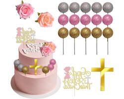 Decoratieset voor Communie Taart - Inclusief Kruis, Glanzende Taarttopper en Kleurrijke Ballen voor Doop, Bruiloften en Verjaardagen