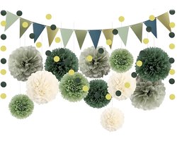 Decoratieset voor verjaardag, saliegroen, 16-delig, pompon, zijdepapier, voor bruiloft, landelijk en doop, jongens, slinger, gouden en crème, decoratie voor babykamer, gender reveal en bohemian chic