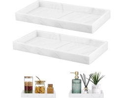 Decoratieve Badkamer Tray Set van 2 Stukken - Silicone Organizer voor Make-up, Zeep en Accessoires - Marmer Wit, 20 x 10 x 2 cm
