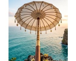 Decoratieve Bali Parasol 180 cm Handgemaakt van Katoen – Vintage Retro Tuinparasol met Houten Frame, Bohemian Stijl voor Binnen & Buiten – NoviHome